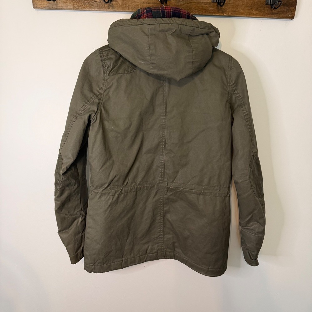 H&M LOGG Olive Green Utility Parka Hooded Jacket Plaid Lined Size 6